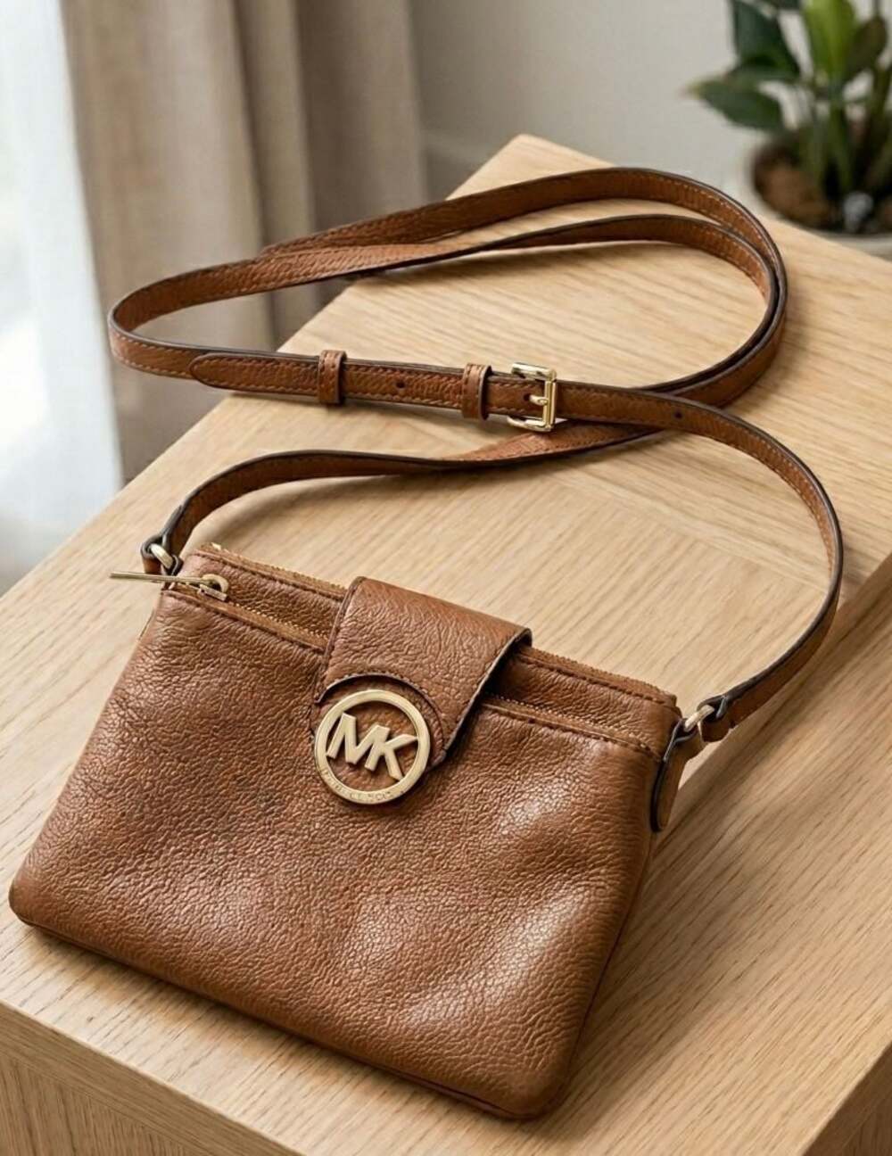 Michael Kors Fulton Crossbody Double Zip Pebbled Leather Wallet Bag Tan